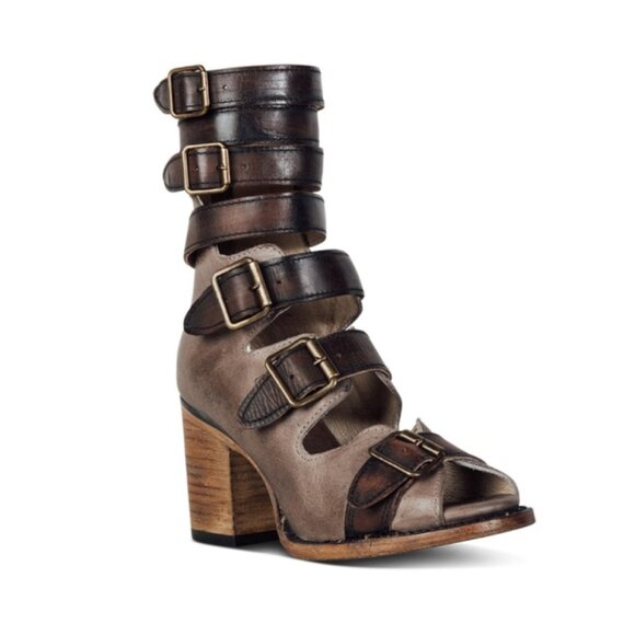Freebird Steven Bond Stone Leather Distressed Strappy Edgy Buckles Ankle Chunky - Picture 5 of 16